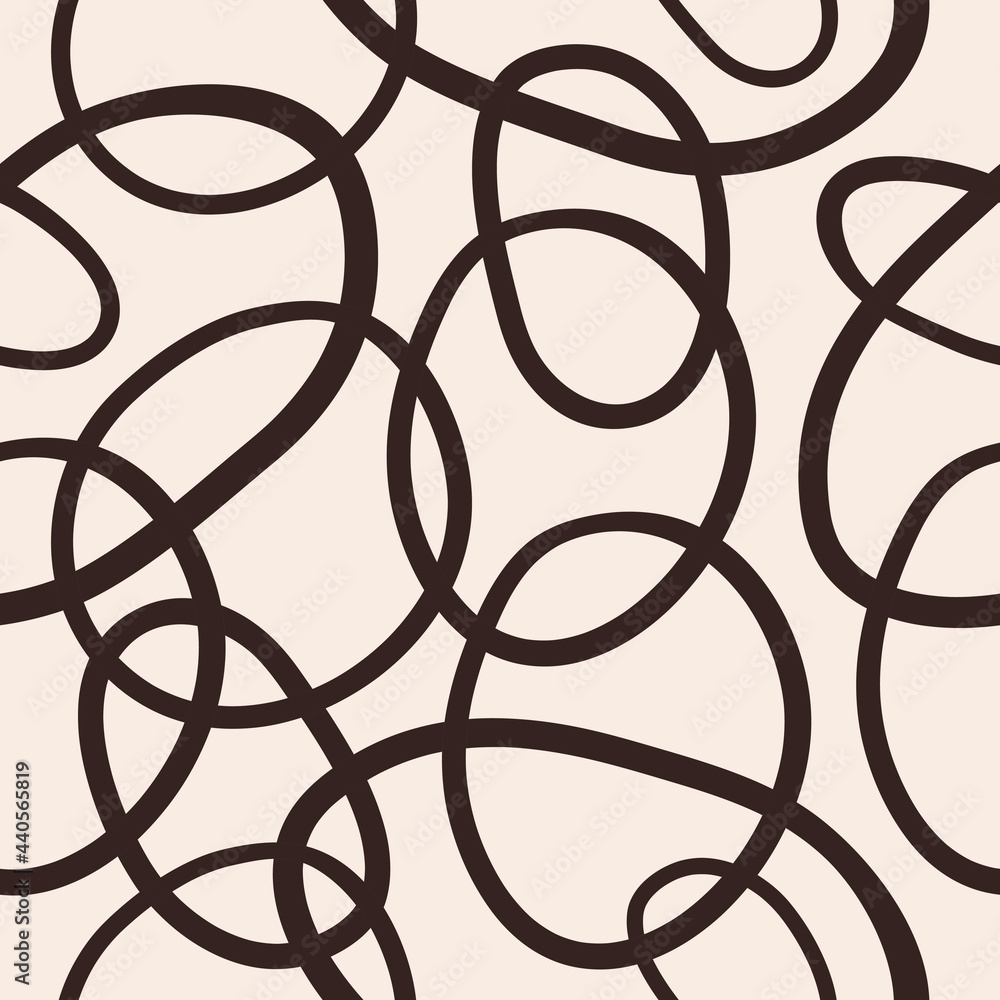 Poster abstract seamless pattern with dark brown curves interlacing rings or circles on pastel background. 