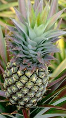 Close up pineapple fruit in organic farm, gardening concept.
