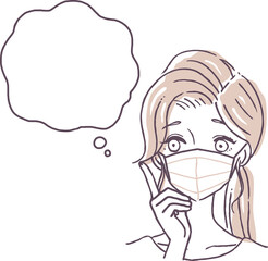 考え事をするマスクを着けた女性とふきだしのイラスト素材