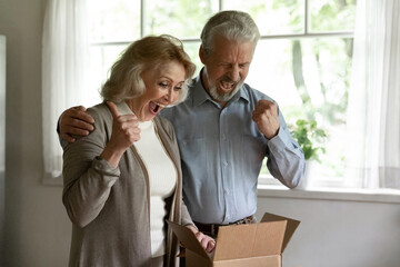 Overjoyed mature man and woman triumph with good quality order open unbox package at home. Excited old couple buyers feel euphoric unpack box shopping online from home. Delivery, shipping concept.