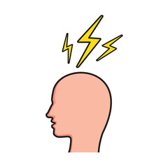 Human head with thunderbolt icon. Concept of stress chaotic thought process. Flat vector illustration