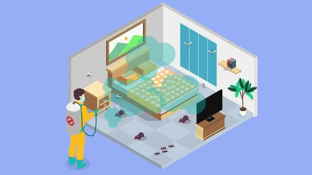 Pest control worker spray insecticide in bedroom