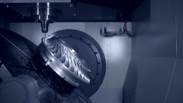 CNC turning drill milling factory processes steel turbine part process. Metal machine tools industry.
