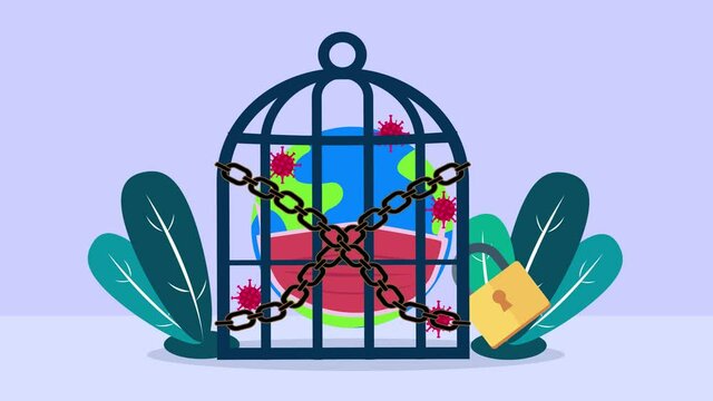 Globe wearing face mask inside a cage
