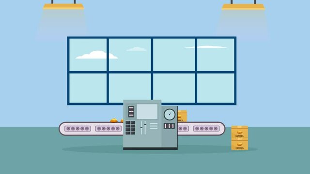 Factory conveyer packing cookies on the cardboard