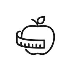Apple and measuring tape line icon. Fitness program with healthy diet. Lose weight nutrition plan. Body and health care concept. Balance food menu. Obesity problem. Vector illustration, flat, clip art