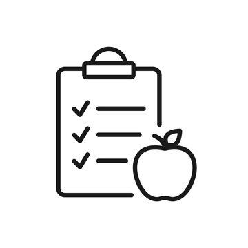 Apple with checklist line icon. Healthy diet concept. Nutrition plan. Meal schedule. Fruit and vegetables importance. Vegan and vegetarian food concept task list. Vector illustration, flat, clip art. 