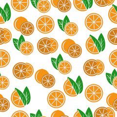 Juicy oranges seamless pattern, bright citrus fruits whole and halves with green leaves on a white background