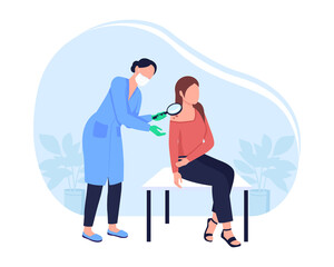 Check melanoma for skin cancer 2D vector isolated illustration. Practitioner examines mole. Female doctor and patient flat characters on cartoon background. Dermatologist appointment colourful scene