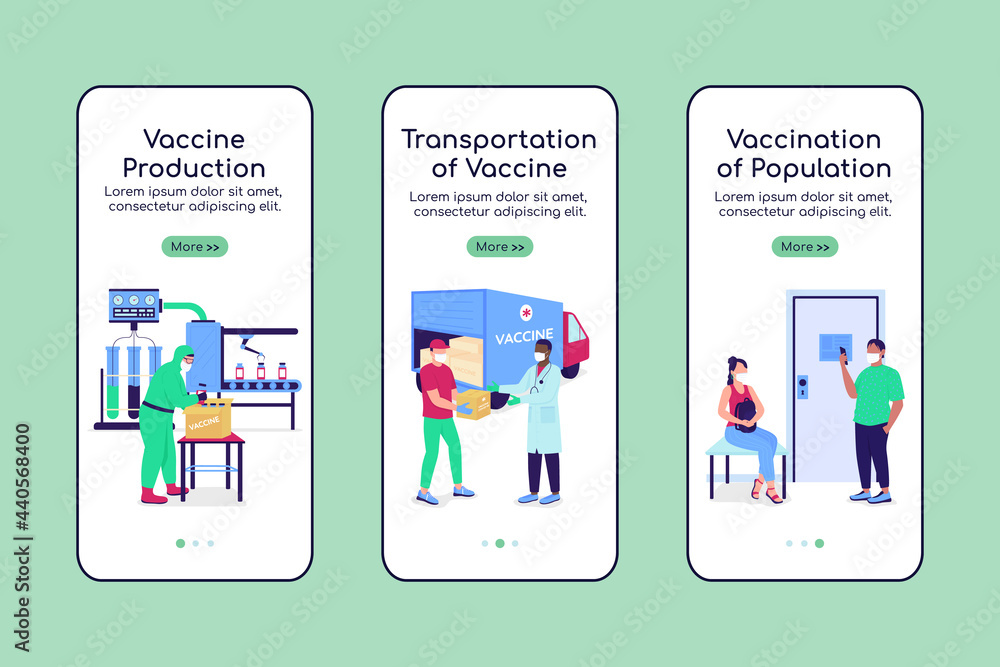 Poster vaccine manufacturing onboarding mobile app screen flat vector template. walkthrough website 3 steps