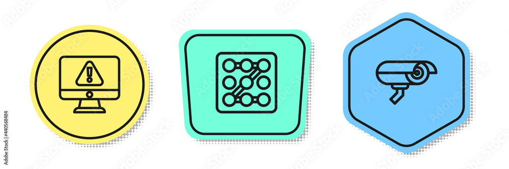 Poster set line monitor with exclamation mark, graphic password protection and security camera. colored sha