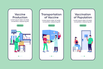 Vaccine manufacturing onboarding mobile app screen flat vector template. Walkthrough website 3 steps with characters. Creative UX, UI, GUI smartphone cartoon interface, case prints set