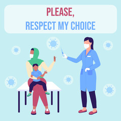 Anti vaccination social media post mockup. Please respect my choice phrase. Web banner design template. Health care booster, content layout with inscription. Poster, print ads and flat illustration