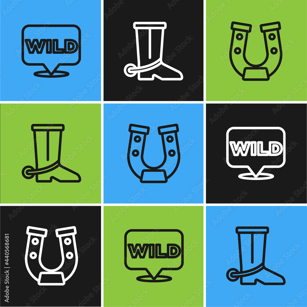 Poster set line pointer to wild west, horseshoe and cowboy boot icon. vector
