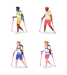 Trekkers semi flat color vector character set. Hikers figures. Full body people on white. Outdoor activity isolated modern cartoon style illustration for graphic design and animation collection