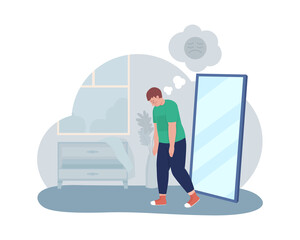 Obese unhappy teen boy 2D vector isolated illustration. Sad kid with depressing thoughts. Fat child in front of mirror flat characters on cartoon background. Teenager problem colourful scene
