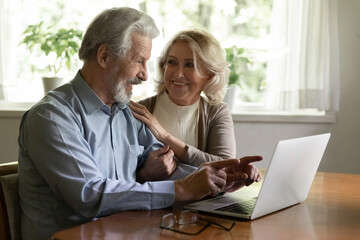Fototapeta na wymiar Smiling old Caucasian man and woman spouses use laptop shopping online together form home. Happy mature couple look at computer screen pay bills on internet on gadget. Technology concept.