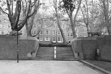 Amsterdam Erasmuspark Entrance Stairs in Black and White, Baarsjes District