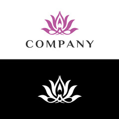 Lotus flower logo with human silhouette. yoga logo design stock. human meditation in lotus flower vector illustration in purple color