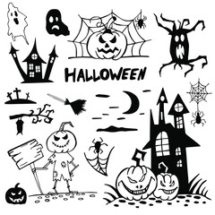 Halloween doodle set hand drawn. Halloween vector collection of holiday symbols. Pumpkin, grave, ghost, horror, fear and other drawn vector Halloween elements. Copy space.