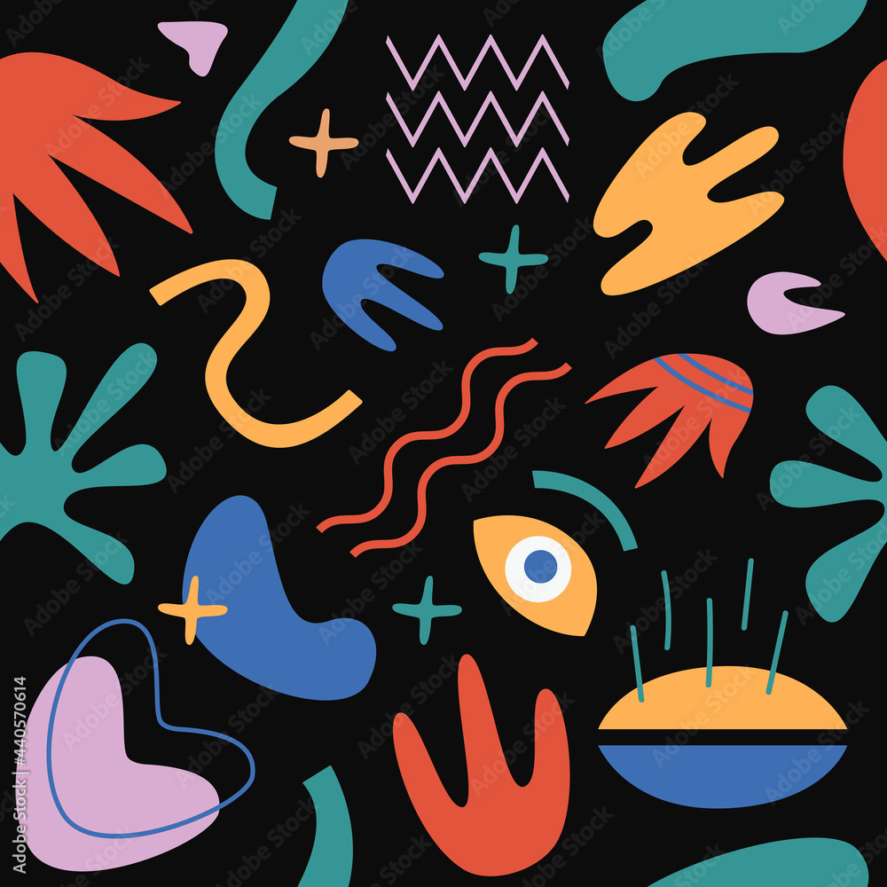 Poster vector seamless pattern of abstract various shapes on black background. trendy organic bright design