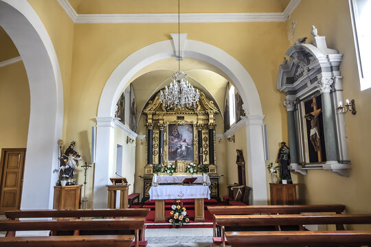 Interior of Roman Catholic 15th-century Cavtat Saint Nicholas Church. Cavtat, Dalmatia, Croatia. June 25, 2019.