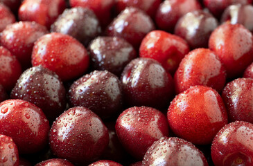 Sweet cherry with water drops, as background.