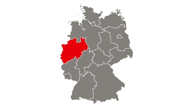Northrhine-Westphalia federal state blinking red highlighted in map of Germany