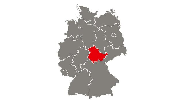 Thuringia federal state blinking red highlighted in map of Germany