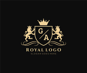 Initial GA Letter Lion Royal Luxury Heraldic,Crest Logo template in vector art for Restaurant, Royalty, Boutique, Cafe, Hotel, Heraldic, Jewelry, Fashion and other vector illustration.