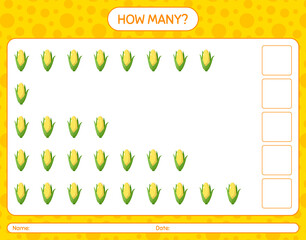 How many counting game with corn. worksheet for preschool kids, kids activity sheet, printable worksheet