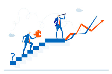 Businessman climbing up stairs and looking for the new business opportunities and professional growth. Business concept illustration