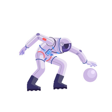 Astronaut with a ball playing basketball in space. Set cosmonaut, human astronaut character vector design. Vector illustration flat, cartoon image isolated on white background.