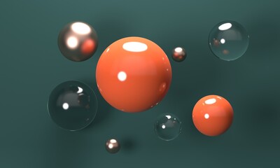 Abstract background with flying balls of glass and metal. 3d rendering
