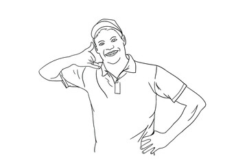 A technician is posing reminding to call if there is a problem. The image is suitable for use as an illustration of a plumber or technician