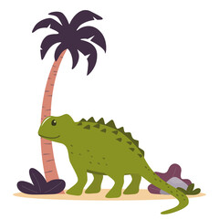 Cute dinosaur, palm and plants. Prehistoric jurrasic period wild fauna. Vector illustration in flat style.