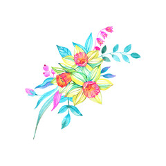 Obraz premium watercolor daffodil flowers, spring bouquet, greeting card