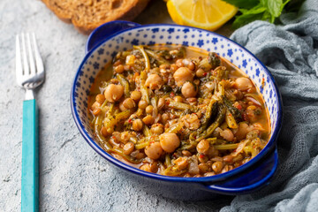 Traditional delicious Turkish food; spinach root dish with chickpeas, Turkish name; Nohutlu mercimekli ispanak koku - basi