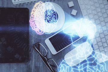 Double exposure of drawing man in AR glasses over table with phone. Top view. VR concept.