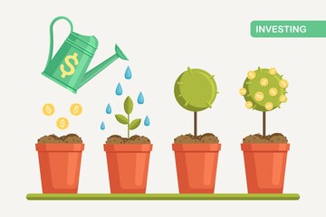 Watering can water money tree in pot. Investment, financial management. Stage of increase profit, wealth. Vector design
