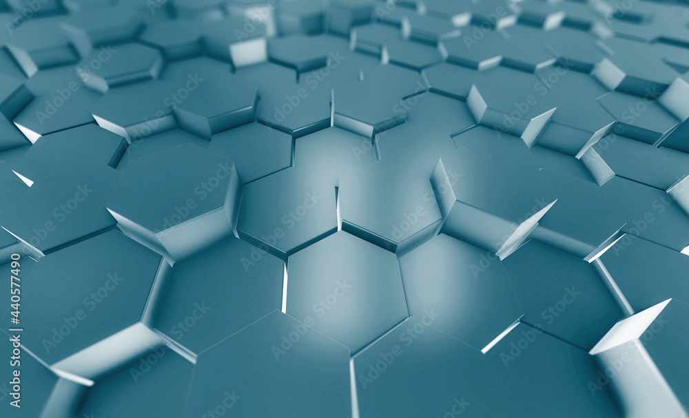Fototapete Hexagons on Surface Morphing in Seamless 3d render. Abstract Design Background. Computer Generated Process.