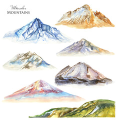Watercolor mountains set. Green hill, blue snowy mountain. Mountain volcano illustration - obrazy, fototapety, plakaty