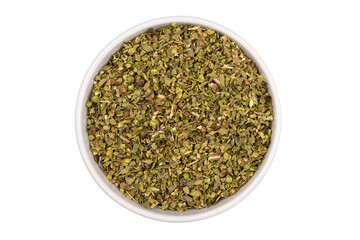 thyme seasoning spice in bowl on white background