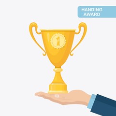 Trophy cup in hand. Gold goblet on blue background. Awards for winner, champion. Concept of victory, award, championship, leadership, achievement. Elements for logo, label, game. Vector illustration