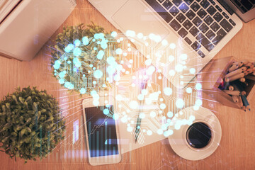 Multi exposure of brain drawing over work table desktop. Top view. Global data analysis concept.