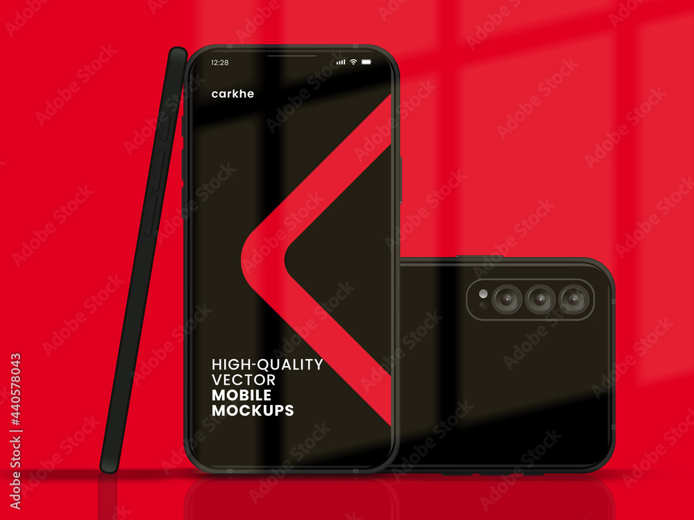 Poster High quality vector mobile mockups. Realistic smartphone. Device UI UX mockup for presentation template. Cellphone frame with blank display isolated templates. 3D isometric illustration cell phone