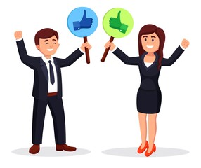 Fototapeta na wymiar Group of business people with thumbs up. Social media. Good opinion. Testimonials, feedback, customer review concept. Vector illustration