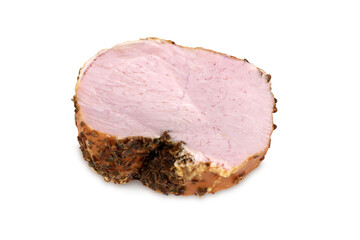 Smoked boneless ham isolated on white background. Meat factory boiled ham product photo