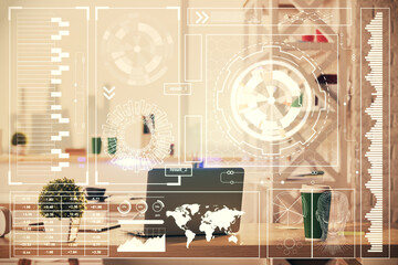 Double exposure of data theme drawing and office interior background. Concept of technology.