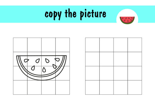 Watermelon slice children s mini-game on paper. Copy the picture using grid lines, a simple early childhood education game with easy level play, drawing game for kids.